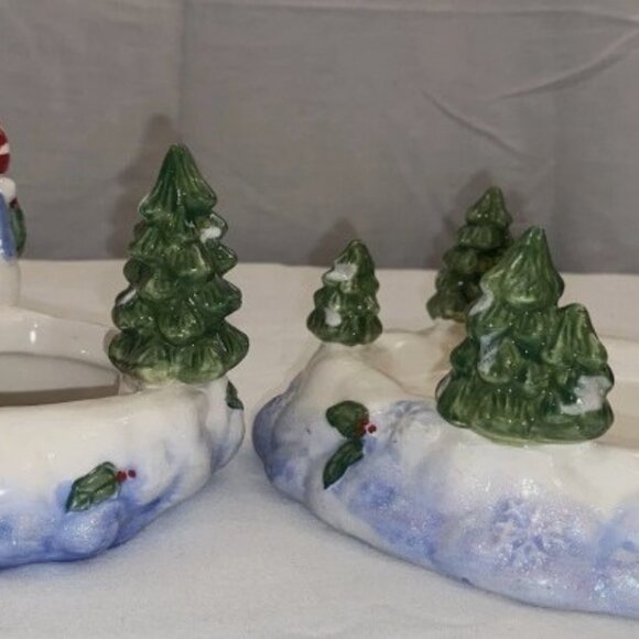 HOME INTERIORS 2 PIECE SNOWMAN DECORATIVE CANDLE JAR TOPPER & BASE HOLDER - Picture 3 of 6